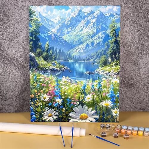 Umfarvt Blick Auf Die Grünen Berge Malen Nach Zahlen Erwachsene,Paint by Numbers Adult,DIY Framed DIY mit Pinseln und Acrylfarben Handgemalt Ölgemälde Leinwand für Home Wand Dekor 55x70cm von Umfarvt