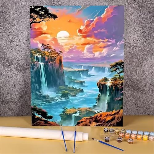 Umfarvt Blick auf den Wasserfall Malen Nach Zahlen Erwachsene,Paint by Numbers Adult,DIY Framed DIY mit Pinseln und Acrylfarben Handgemalt Ölgemälde Leinwand für Home Wand Dekor 55x70cm von Umfarvt