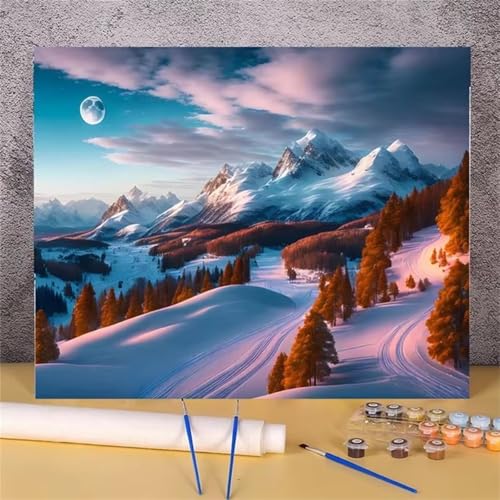 Umfarvt Blick auf die verschneiten Berge Malen Nach Zahlen Erwachsene,Paint by Numbers Adult,DIY Framed DIY mit Pinseln und Acrylfarben Handgemalt Ölgemälde Leinwand für Home Wand Dekor 50x65cm von Umfarvt