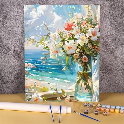 Umfarvt Blumenstrand Malen Nach Zahlen Erwachsene,Paint by Numbers Adult,DIY Framed DIY mit Pinseln und Acrylfarben Handgemalt Ölgemälde Leinwand für Home Wand Dekor 30x40cm von Umfarvt