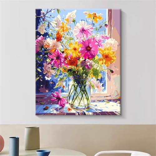 Umfarvt Bunte Blumen Malen Nach Zahlen Erwachsene,Paint by Numbers Adult,DIY Framed DIY mit Pinseln und Acrylfarben Handgemalt Ölgemälde Leinwand für Home Wand Dekor 60x75cm von Umfarvt