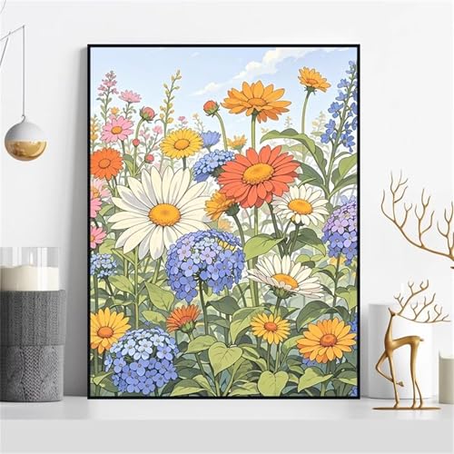 Umfarvt Bunte Blumen Malen Nach Zahlen Erwachsene,Paint by Numbers Adult,DIY Framed DIY mit Pinseln und Acrylfarben Handgemalt Ölgemälde Leinwand für Home Wand Dekor 60x75cm von Umfarvt