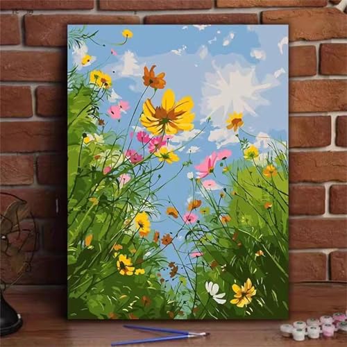 Umfarvt Bunte Blumen Malen Nach Zahlen Erwachsene,Paint by Numbers Adult,DIY Framed DIY mit Pinseln und Acrylfarben Handgemalt Ölgemälde Leinwand für Home Wand Dekor 60x75cm von Umfarvt