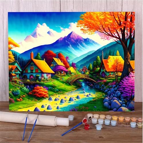 Umfarvt Bunte Landschaft Malen Nach Zahlen Erwachsene,Paint by Numbers Adult,DIY Framed DIY mit Pinseln und Acrylfarben Handgemalt Ölgemälde Leinwand für Home Wand Dekor 40x50cm von Umfarvt