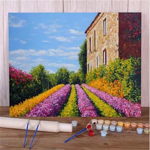 Umfarvt Bunte Landschaft Malen Nach Zahlen Erwachsene,Paint by Numbers Adult,DIY Framed DIY mit Pinseln und Acrylfarben Handgemalt Ölgemälde Leinwand für Home Wand Dekor 45x60cm von Umfarvt