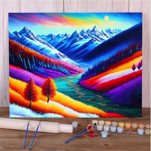 Umfarvt Bunte Landschaft Malen Nach Zahlen Erwachsene,Paint by Numbers Adult,DIY Framed DIY mit Pinseln und Acrylfarben Handgemalt Ölgemälde Leinwand für Home Wand Dekor 55x70cm von Umfarvt