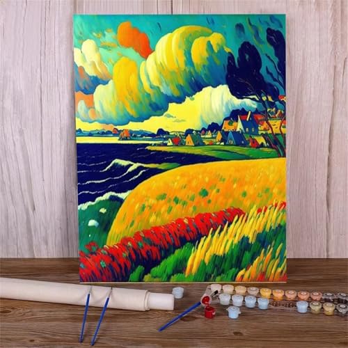 Umfarvt Bunte Landschaft Malen Nach Zahlen Erwachsene,Paint by Numbers Adult,DIY Framed DIY mit Pinseln und Acrylfarben Handgemalt Ölgemälde Leinwand für Home Wand Dekor 55x70cm von Umfarvt