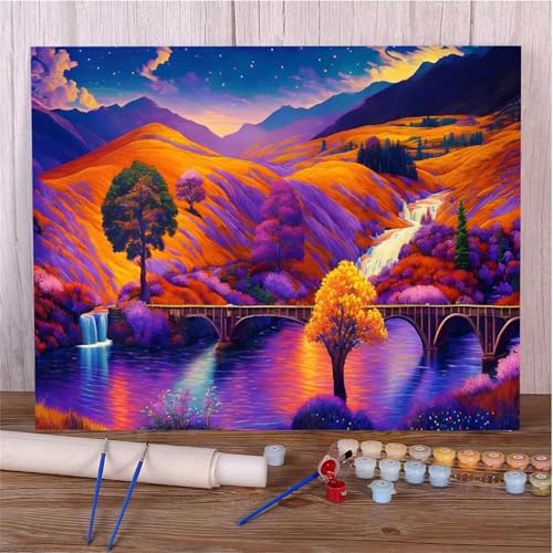 Umfarvt Bunte Landschaft Malen Nach Zahlen Erwachsene,Paint by Numbers Adult,DIY Framed DIY mit Pinseln und Acrylfarben Handgemalt Ölgemälde Leinwand für Home Wand Dekor 55x70cm von Umfarvt