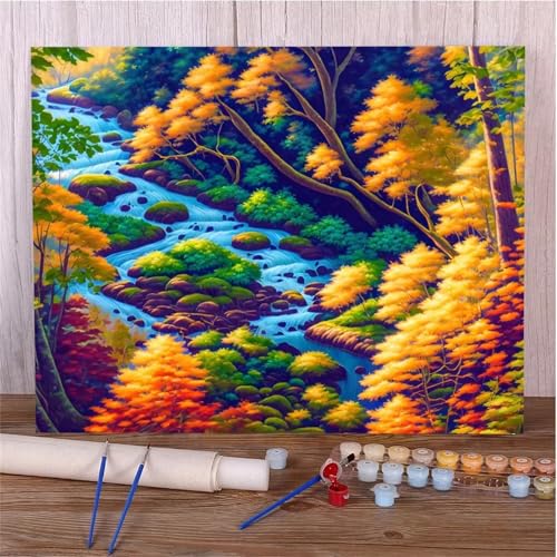 Umfarvt Bunte Landschaft Malen Nach Zahlen Erwachsene,Paint by Numbers Adult,DIY Framed DIY mit Pinseln und Acrylfarben Handgemalt Ölgemälde Leinwand für Home Wand Dekor 60x75cm von Umfarvt