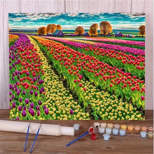 Umfarvt Buntes Tulpenmeer Malen Nach Zahlen Erwachsene,Paint by Numbers Adult,DIY Framed DIY mit Pinseln und Acrylfarben Handgemalt Ölgemälde Leinwand für Home Wand Dekor 60x75cm von Umfarvt