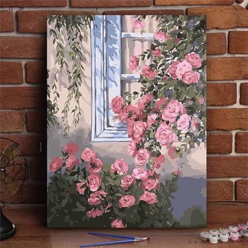 Umfarvt Fensterblumen Malen Nach Zahlen Erwachsene,Paint by Numbers Adult,DIY Framed DIY mit Pinseln und Acrylfarben Handgemalt Ölgemälde Leinwand für Home Wand Dekor 55x70cm von Umfarvt