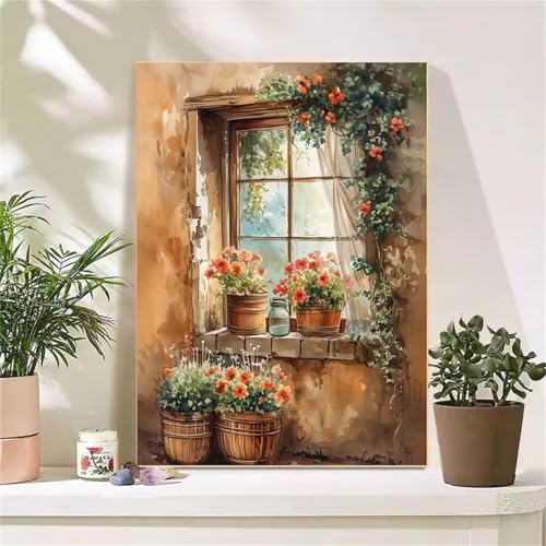 Umfarvt Fensterblumen Malen Nach Zahlen Erwachsene,Paint by Numbers Adult,Without Framed DIY mit Pinseln und Acrylfarben Handgemalt Ölgemälde Leinwand für Home Wand Dekor 30x40cm von Umfarvt