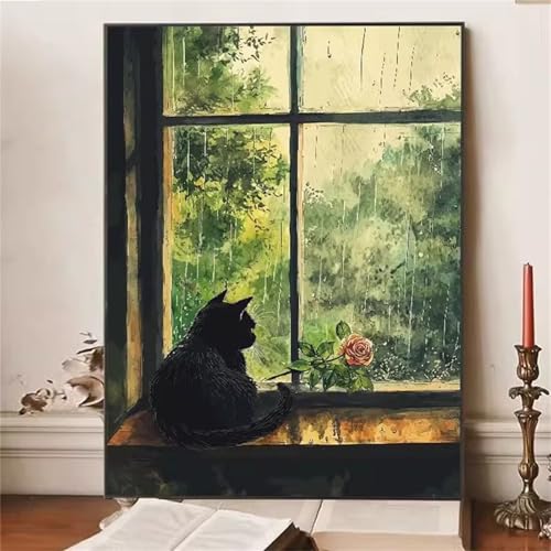 Umfarvt Fensterkatze Malen Nach Zahlen Erwachsene,Paint by Numbers Adult,DIY Framed DIY mit Pinseln und Acrylfarben Handgemalt Ölgemälde Leinwand für Home Wand Dekor 60x75cm von Umfarvt