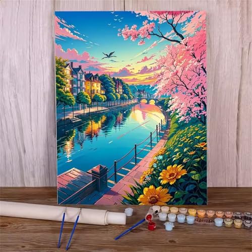 Umfarvt Fluss Malen Nach Zahlen Erwachsene,Landschaft Malen Nach Zahlen,Without Framed inklusive Pinsel und Acrylfarben DIY handgemaltes Ölgemälde Set für Anfänger für Home Decor 30x40cm von Umfarvt