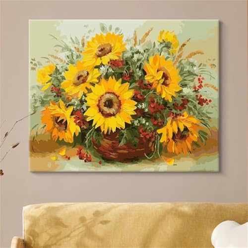 Umfarvt Gelbe Blumen Malen Nach Zahlen Erwachsene,Paint by Numbers Adult,DIY Framed DIY mit Pinseln und Acrylfarben Handgemalt Ölgemälde Leinwand für Home Wand Dekor 30x40cm von Umfarvt