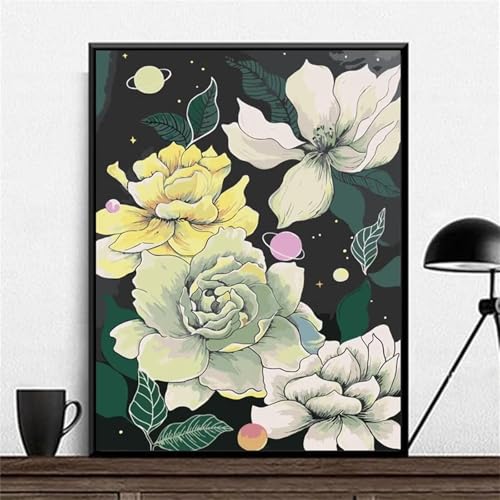 Umfarvt Gelbe Blumen Malen Nach Zahlen Erwachsene,Paint by Numbers Adult,DIY Framed DIY mit Pinseln und Acrylfarben Handgemalt Ölgemälde Leinwand für Home Wand Dekor 55x70cm von Umfarvt