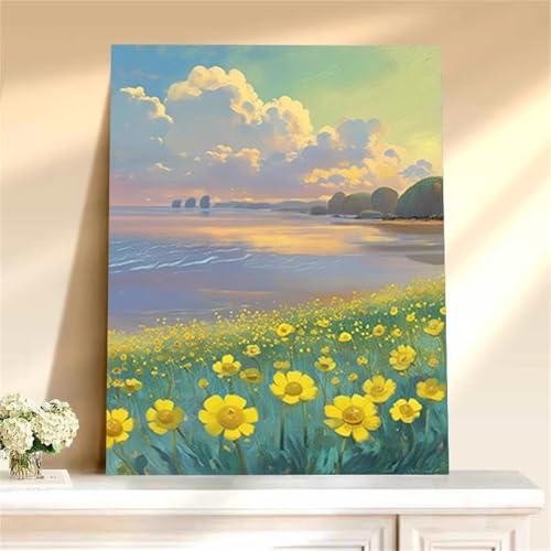 Umfarvt Gelbe Blumenlandschaft Malen Nach Zahlen Erwachsene,Paint by Numbers Adult,DIY Framed DIY mit Pinseln und Acrylfarben Handgemalt Ölgemälde Leinwand für Home Wand Dekor 55x70cm von Umfarvt