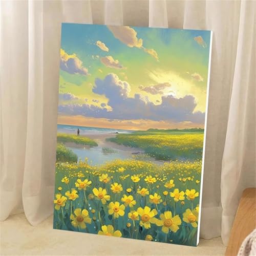 Umfarvt Gelbe Blumenlandschaft Malen Nach Zahlen Erwachsene,Paint by Numbers Adult,DIY Framed DIY mit Pinseln und Acrylfarben Handgemalt Ölgemälde Leinwand für Home Wand Dekor 55x70cm von Umfarvt