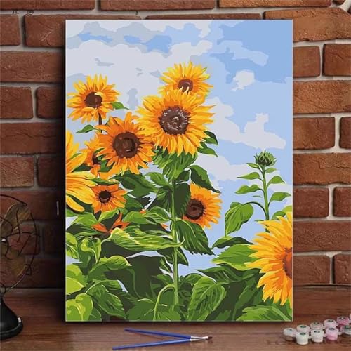 Umfarvt Gelbe Sonnenblume Malen Nach Zahlen Erwachsene,Paint by Numbers Adult,DIY Framed DIY mit Pinseln und Acrylfarben Handgemalt Ölgemälde Leinwand für Home Wand Dekor 40x50cm von Umfarvt