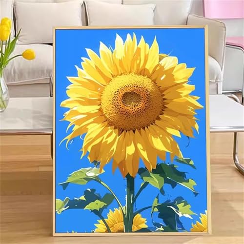 Umfarvt Gelbe Sonnenblume Malen Nach Zahlen Erwachsene,Paint by Numbers Adult,DIY Framed DIY mit Pinseln und Acrylfarben Handgemalt Ölgemälde Leinwand für Home Wand Dekor 55x70cm von Umfarvt