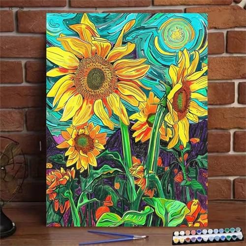 Umfarvt Gelbe Sonnenblume Malen Nach Zahlen Erwachsene,Paint by Numbers Adult,Without Framed DIY mit Pinseln und Acrylfarben Handgemalt Ölgemälde Leinwand für Home Wand Dekor 30x40cm von Umfarvt