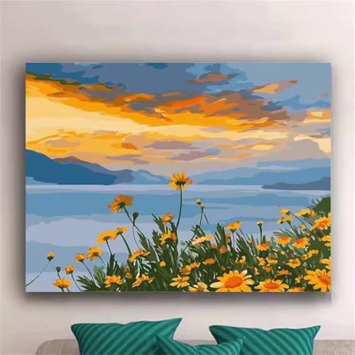 Umfarvt Gelbe Sonnenuntergangsblumen Malen Nach Zahlen Erwachsene,Paint by Numbers Adult,DIY Framed DIY mit Pinseln und Acrylfarben Handgemalt Ölgemälde Leinwand für Home Wand Dekor 60x75cm von Umfarvt