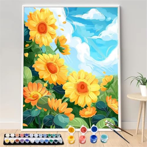 Umfarvt Gelbes Gänseblümchen Malen Nach Zahlen Erwachsene,Paint by Numbers Adult,DIY Framed DIY mit Pinseln und Acrylfarben Handgemalt Ölgemälde Leinwand für Home Wand Dekor 55x70cm von Umfarvt