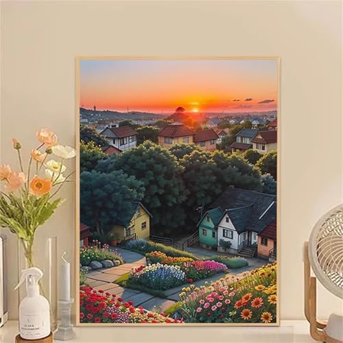 Umfarvt Hausansicht Malen Nach Zahlen Erwachsene,Paint by Numbers Adult,DIY Framed DIY mit Pinseln und Acrylfarben Handgemalt Ölgemälde Leinwand für Home Wand Dekor 55x70cm von Umfarvt