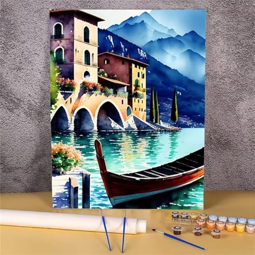 Umfarvt Hausboot Malen Nach Zahlen Erwachsene,Paint by Numbers Adult,DIY Framed DIY mit Pinseln und Acrylfarben Handgemalt Ölgemälde Leinwand für Home Wand Dekor 50x65cm von Umfarvt