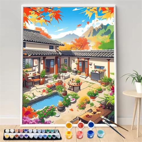 Umfarvt Hof Malen Nach Zahlen Erwachsene,Landschaft Malen Nach Zahlen,Without Framed inklusive Pinsel und Acrylfarben DIY handgemaltes Ölgemälde Set für Anfänger für Home Decor 60x75cm von Umfarvt