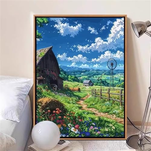 Umfarvt Ländliche Landschaft Malen Nach Zahlen Erwachsene,Paint by Numbers Adult,Without Framed DIY mit Pinseln und Acrylfarben Handgemalt Ölgemälde Leinwand für Home Wand Dekor 45x60cm von Umfarvt