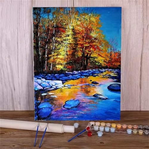 Umfarvt Lake Wood Malen Nach Zahlen Erwachsene,Paint by Numbers Adult,DIY Framed DIY mit Pinseln und Acrylfarben Handgemalt Ölgemälde Leinwand für Home Wand Dekor 60x75cm von Umfarvt