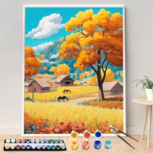 Umfarvt Landschaft Malen Nach Zahlen Erwachsene,Gelb Malen Nach Zahlen,Without Framed inklusive Pinsel und Acrylfarben DIY handgemaltes Ölgemälde Set für Anfänger für Home Decor 30x40cm von Umfarvt