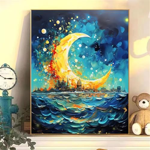 Umfarvt Landschaft Malen Nach Zahlen Erwachsene,Mond Malen Nach Zahlen,Without Framed inklusive Pinsel und Acrylfarben DIY handgemaltes Ölgemälde Set für Anfänger für Home Decor 30x40cm von Umfarvt