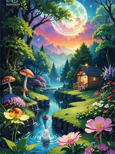 Umfarvt Landschaft Malen Nach Zahlen Erwachsene,Mond Malen Nach Zahlen,Without Framed inklusive Pinsel und Acrylfarben DIY handgemaltes Ölgemälde Set für Anfänger für Home Decor 30x40cm von Umfarvt