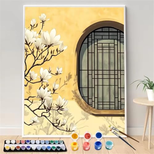 Umfarvt Magnolie Malen Nach Zahlen Erwachsene,Blume Malen Nach Zahlen,Without Framed inklusive Pinsel und Acrylfarben DIY handgemaltes Ölgemälde Set für Anfänger für Home Decor 50x65cm von Umfarvt