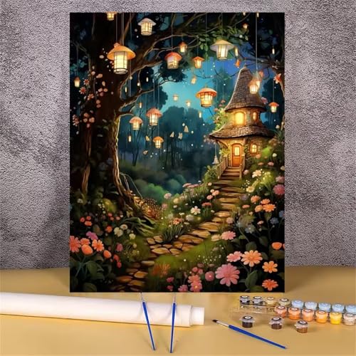 Umfarvt Malen Nach Zahlen Bäume, Häuser Malen Nach Zahlen Erwachsene, DIY Handgemalt Ölgemälde Kit mit Pinseln und Acrylfarben Ölgemälde Leinwand für Home Decor DIY Framed 45x60cm von Umfarvt