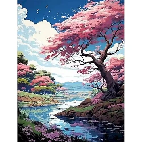 Umfarvt Malen Nach Zahlen Baum, Landschaft Malen Nach Zahlen Erwachsene, DIY Handgemalt Ölgemälde Kit mit Pinseln und Acrylfarben Ölgemälde Leinwand für Home Decor DIY Framed 30x40cm von Umfarvt