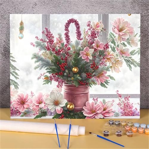 Umfarvt Malen Nach Zahlen Erwachsene,DIY Handgemalt Ölgemälde Leinwand Kits, Anfänger Paint by Numbers Malen Nach Zahlen zur Heimdekoration,Kein Rahmen Rosa Blume-Framed,60x75cm von Umfarvt