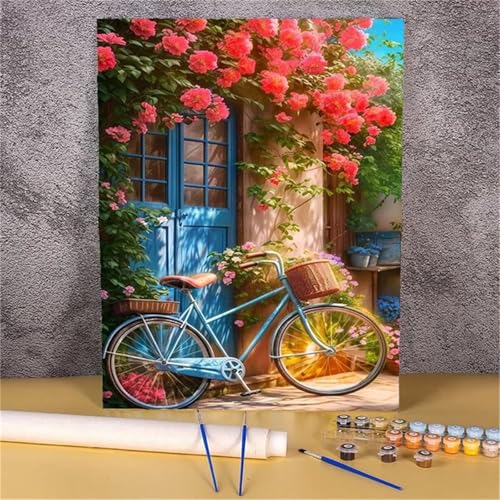 Umfarvt Malen Nach Zahlen Erwachsene,DIY Paint by numbers for adult beginner,Acrylmalerei Set mit Pinseln und Farben kann als Geschenk, Hause Dekoration verwendet werden Fahrradblume-Framed,50x65cm von Umfarvt