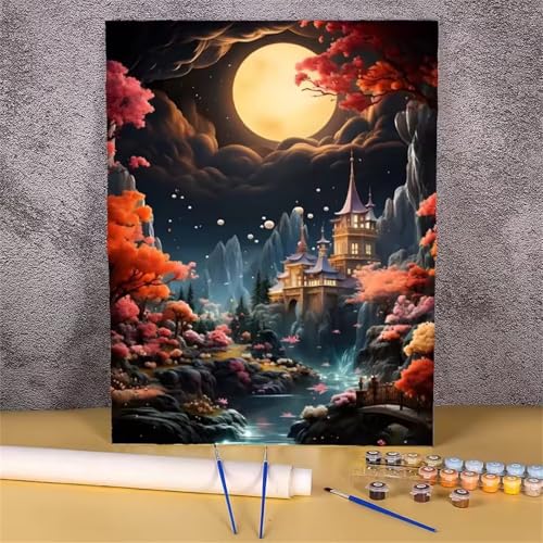 Umfarvt Malen Nach Zahlen Mond, Architektur Malen Nach Zahlen Erwachsene, DIY Handgemalt Ölgemälde Kit mit Pinseln und Acrylfarben Ölgemälde Leinwand für Home Decor DIY Framed 45x60cm von Umfarvt