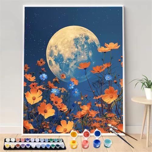 Umfarvt Malen Nach Zahlen Mond, Blumen Malen Nach Zahlen Erwachsene, DIY Handgemalt Ölgemälde Kit mit Pinseln und Acrylfarben Ölgemälde Leinwand für Home Decor DIY Framed 30x40cm von Umfarvt