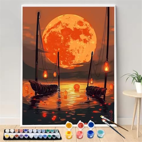 Umfarvt Malen Nach Zahlen Mond, Boot Malen Nach Zahlen Erwachsene, DIY Handgemalt Ölgemälde Kit mit Pinseln und Acrylfarben Ölgemälde Leinwand für Home Decor DIY Framed 40x50cm von Umfarvt