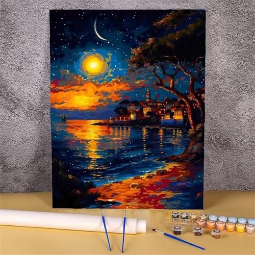 Umfarvt Malen Nach Zahlen Mond, Nacht Malen Nach Zahlen Erwachsene, DIY Handgemalt Ölgemälde Kit mit Pinseln und Acrylfarben Ölgemälde Leinwand für Home Decor DIY Framed 30x40cm von Umfarvt