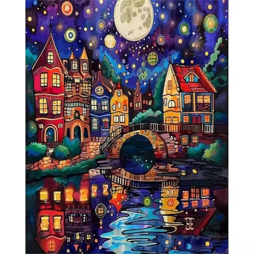 Umfarvt Malen Nach Zahlen Nacht, Haus Malen Nach Zahlen Erwachsene, DIY Handgemalt Ölgemälde Kit mit Pinseln und Acrylfarben Ölgemälde Leinwand für Home Decor DIY Framed 30x40cm von Umfarvt