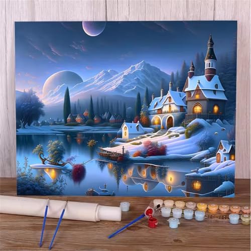 Umfarvt Malen Nach Zahlen Nacht, See Malen Nach Zahlen Erwachsene, DIY Handgemalt Ölgemälde Kit mit Pinseln und Acrylfarben Ölgemälde Leinwand für Home Decor DIY Framed 55x70cm von Umfarvt