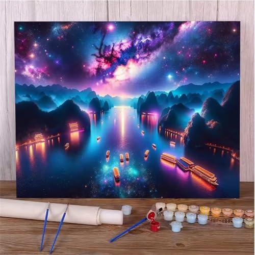 Umfarvt Malen Nach Zahlen Nachtansicht, See Malen Nach Zahlen Erwachsene, DIY Handgemalt Ölgemälde Kit mit Pinseln und Acrylfarben Ölgemälde Leinwand für Home Decor DIY Framed 40x50cm von Umfarvt