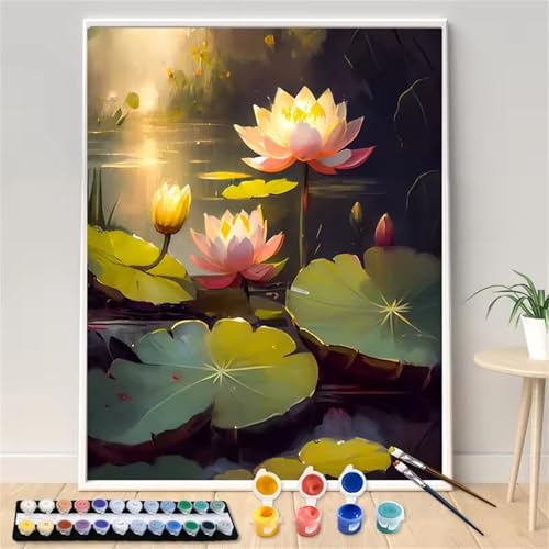 Umfarvt Malen Nach Zahlen Pflanzen, Lotus Malen Nach Zahlen Erwachsene, DIY Handgemalt Ölgemälde Kit mit Pinseln und Acrylfarben Ölgemälde Leinwand für Home Decor DIY Framed 50x65cm von Umfarvt