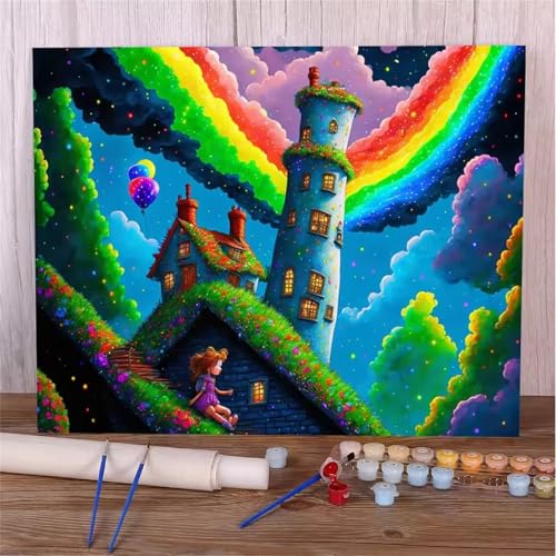 Umfarvt Malen Nach Zahlen Regenbogen, Leuchtturm Malen Nach Zahlen Erwachsene, DIY Handgemalt Ölgemälde Kit mit Pinseln und Acrylfarben Ölgemälde Leinwand für Home Decor DIY Framed 45x60cm von Umfarvt