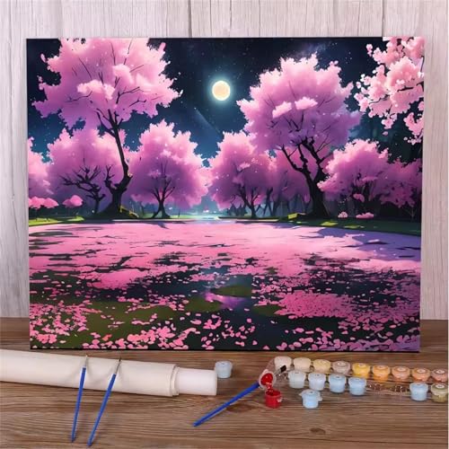 Umfarvt Malen Nach Zahlen Rosa, Baum Malen Nach Zahlen Erwachsene, DIY Handgemalt Ölgemälde Kit mit Pinseln und Acrylfarben Ölgemälde Leinwand für Home Decor DIY Framed 40x50cm von Umfarvt